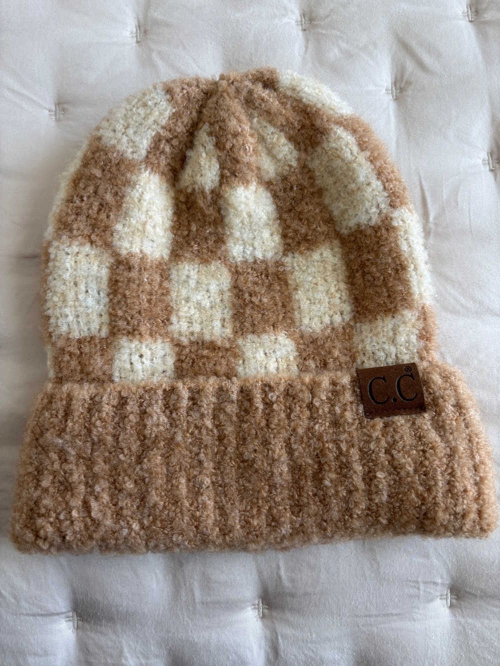 C.C Checkerboard Knit Beanie - Cream & Tan
